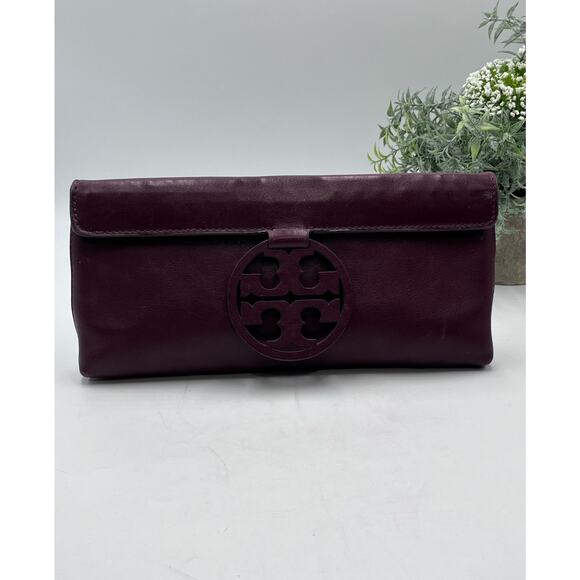 Tory Burch Burgundy Port Wine Logo Front Leather Miller Fold-over Clutch - Picture 2 of 13